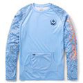 Crew Rash Guard (Last Season) in light blue featuring topographic map patterns on sleeves, a front skull logo, and a zippered pouch pocket on the lower front.