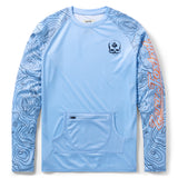 Crew Rash Guard (Last Season) in light blue featuring topographic map patterns on sleeves, a front skull logo, and a zippered pouch pocket on the lower front.