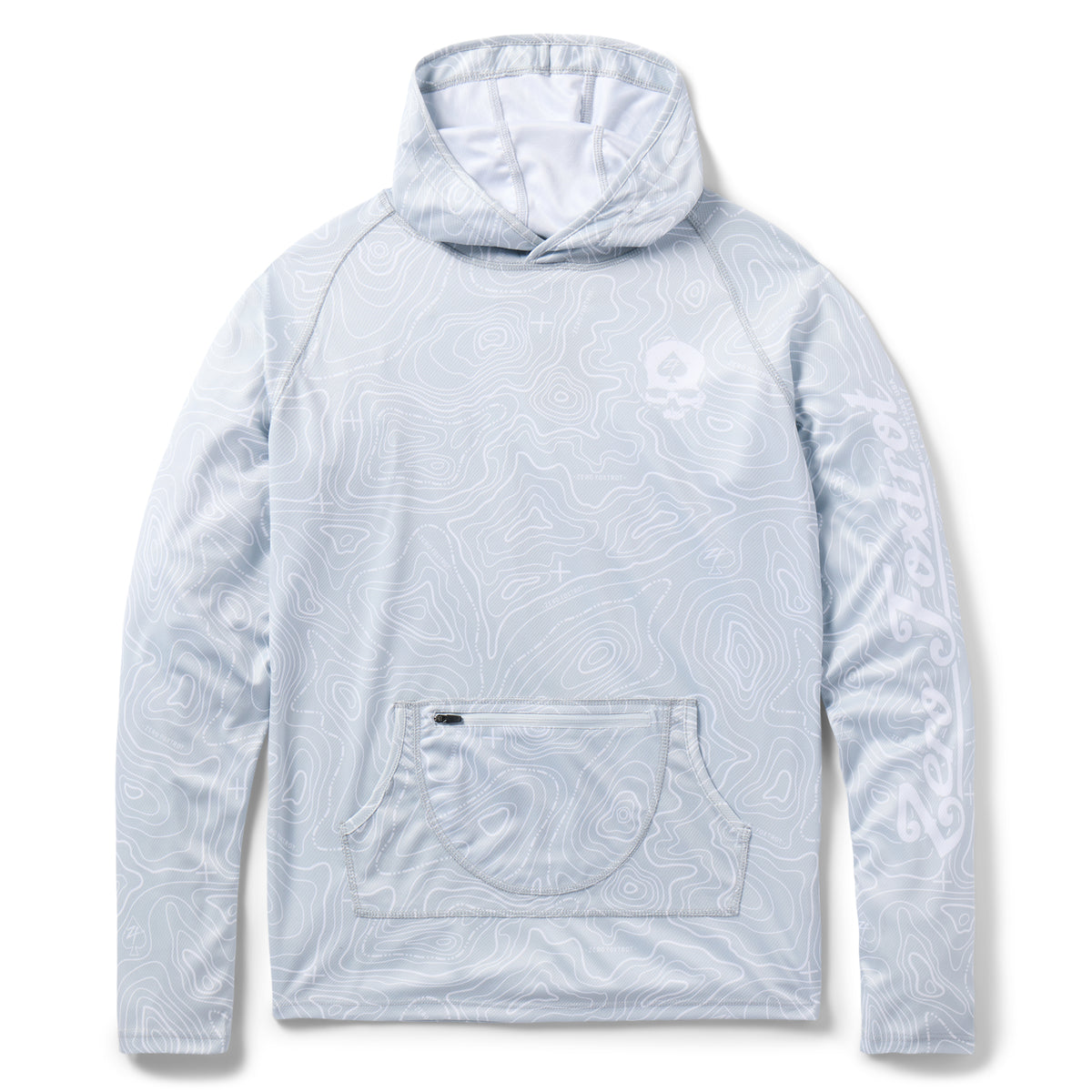 Hooded Rash Guard (Last Chance) in light gray with an allover contour line pattern, hood, long sleeves, and front kangaroo pocket, shown laid flat