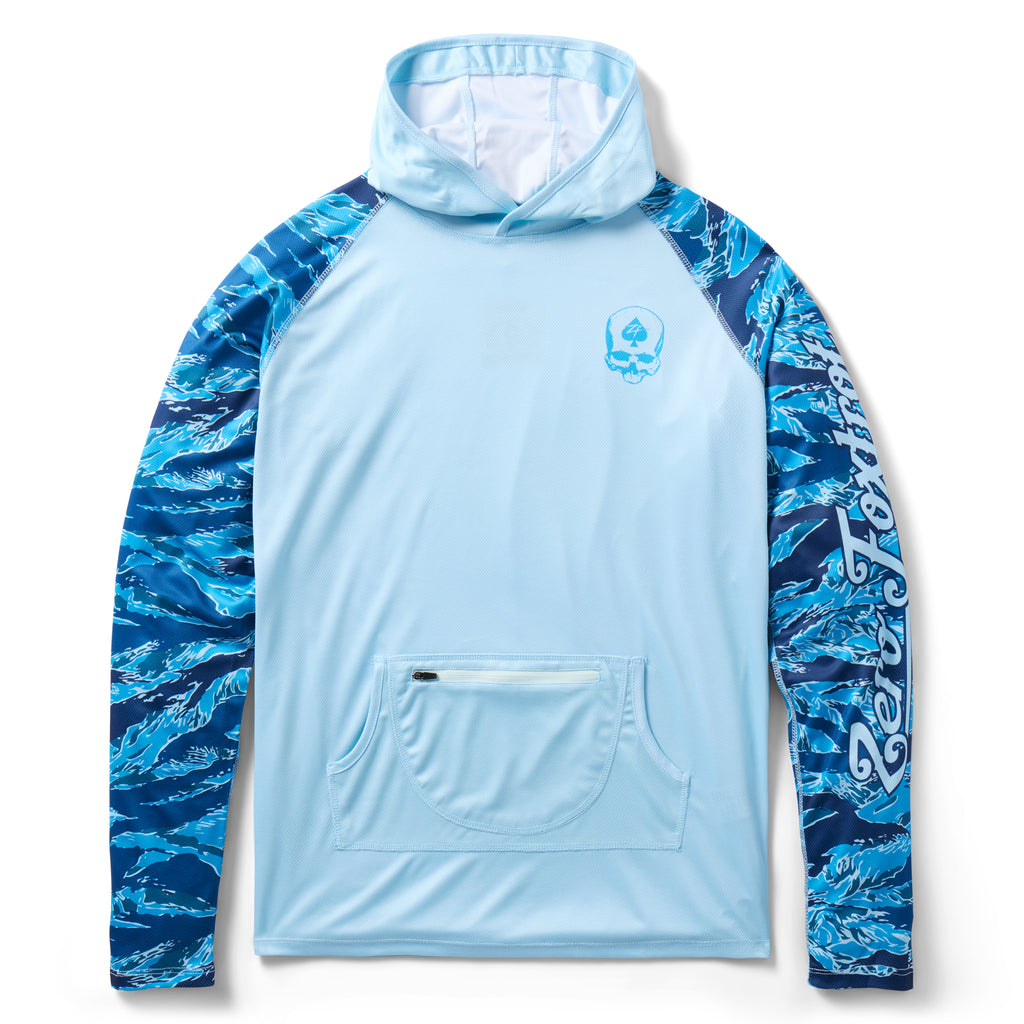 Hooded Rash Guard (Last Chance), light blue pullover with patterned blue long sleeves, attached hood, chest emblem, and front kangaroo pocket