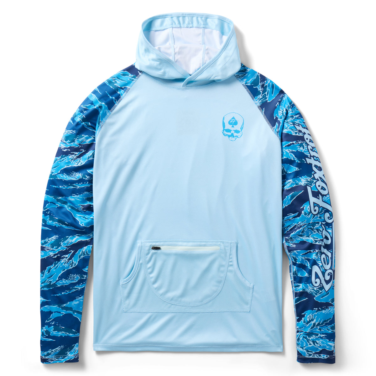 Hooded Rash Guard (Last Chance), light blue pullover with patterned blue long sleeves, attached hood, chest emblem, and front kangaroo pocket