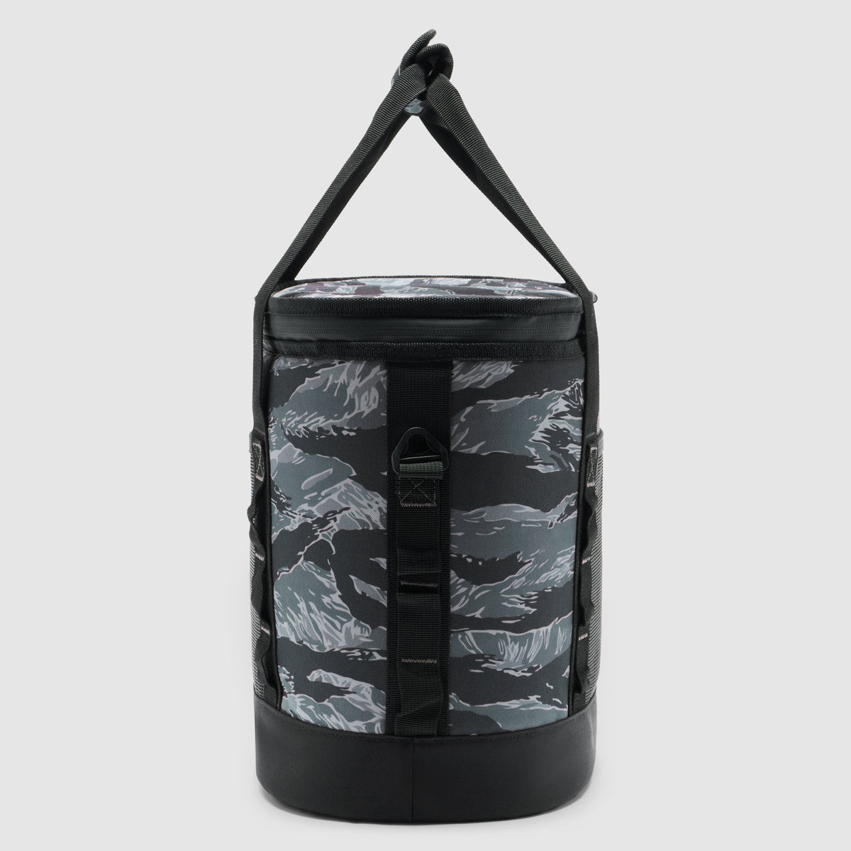 Rations 18qt Insulated Cooler in a black and gray tiger stripe camouflage pattern with a cylindrical shape, carrying handle, and durable base.