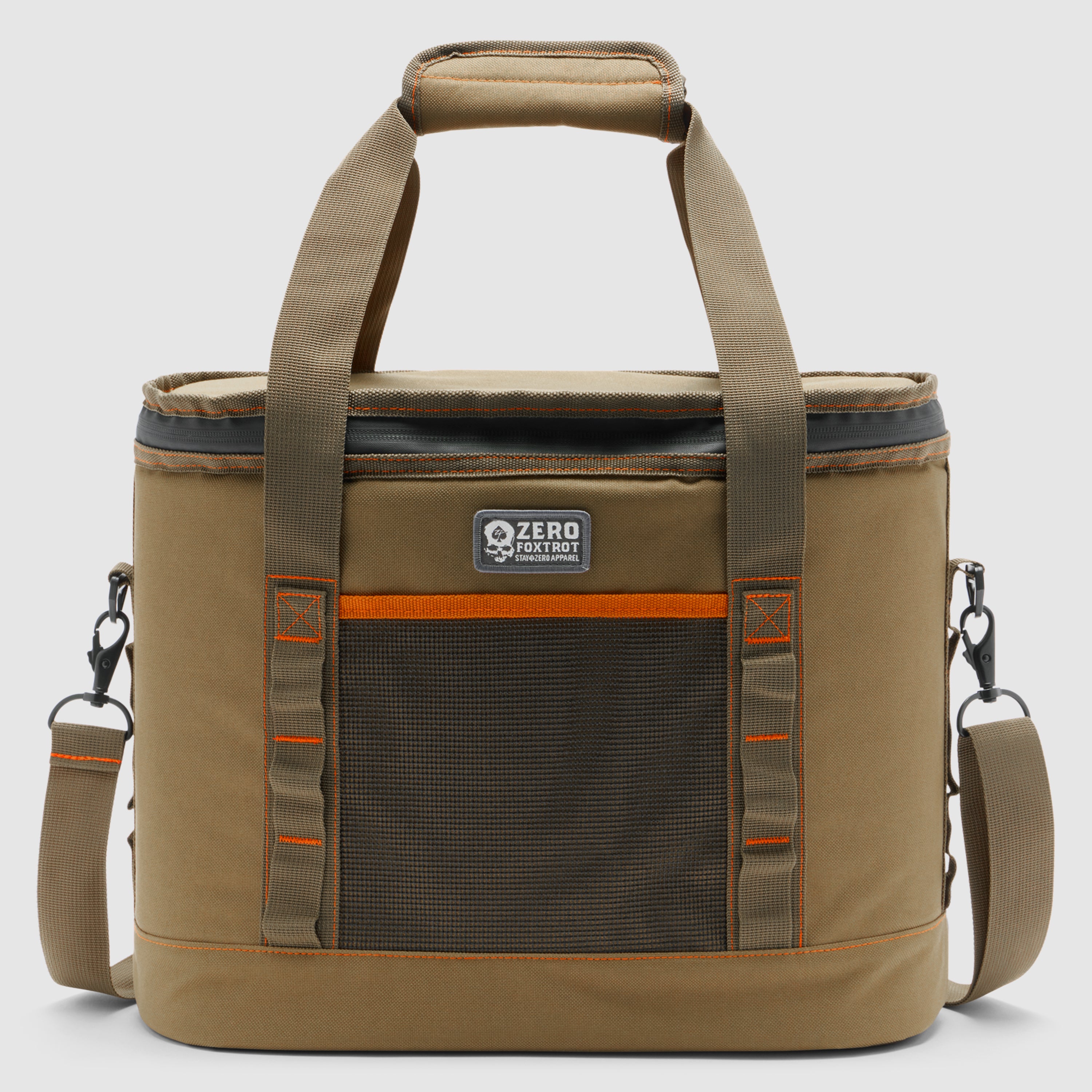 Rations 18qt Insulated Cooler in tan with orange trim, featuring dual carrying handles, a detachable shoulder strap, and a front mesh pocket for extra storage.