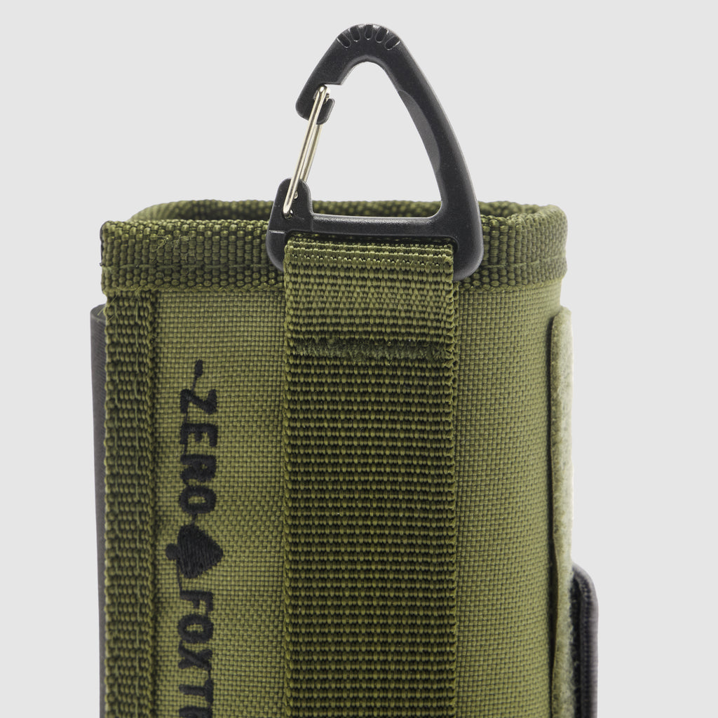 Rations Drink Wrap in olive green with a black carabiner clip and textured webbing detail for carrying a drink container conveniently