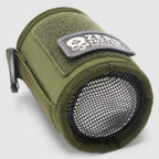 Rations Drink Wrap in olive green fabric with a black mesh end adjustable side strap and stitched patch shown rolled into a cylindrical drink holder
