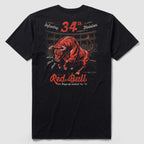 Black Red Bull Attack Tee featuring a vintage-style graphic on the back with a charging red bull, text "34th Infantry Division," and "517 Days of Combat '42-'45.