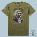 Olive green Resist 250th Tee featuring a vintage-style portrait of a founding father wearing a bandana with the American flag design and the word "RESIST" above.