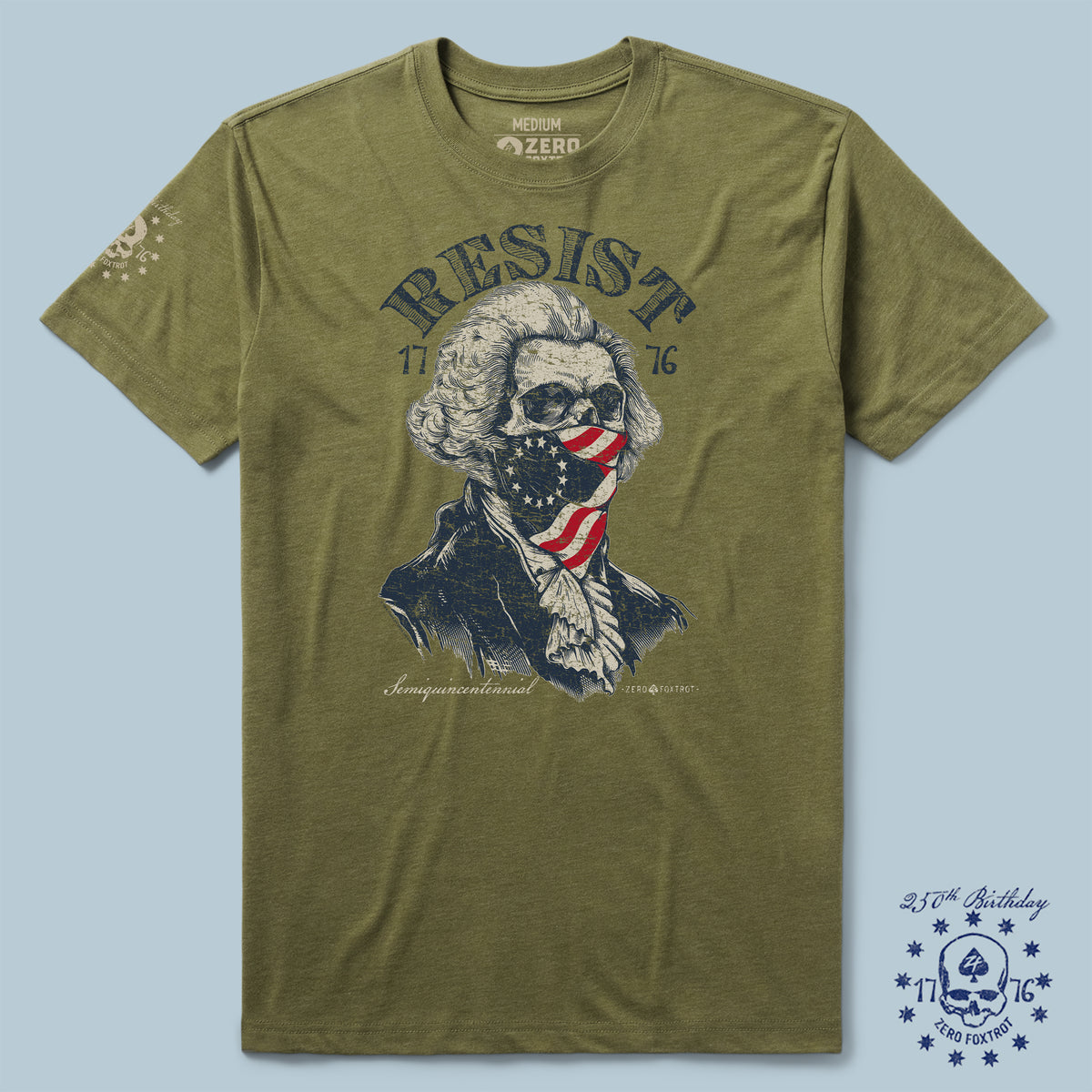 Olive green Resist 250th Tee featuring a vintage-style portrait of a founding father wearing a bandana with the American flag design and the word "RESIST" above.