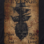 Revenge Tee featuring a vintage-style design of a skull combined with a sailing ship, distressed with blood splatters and the phrases "Spare the Dead" and "Slay the Living" on a dark background.