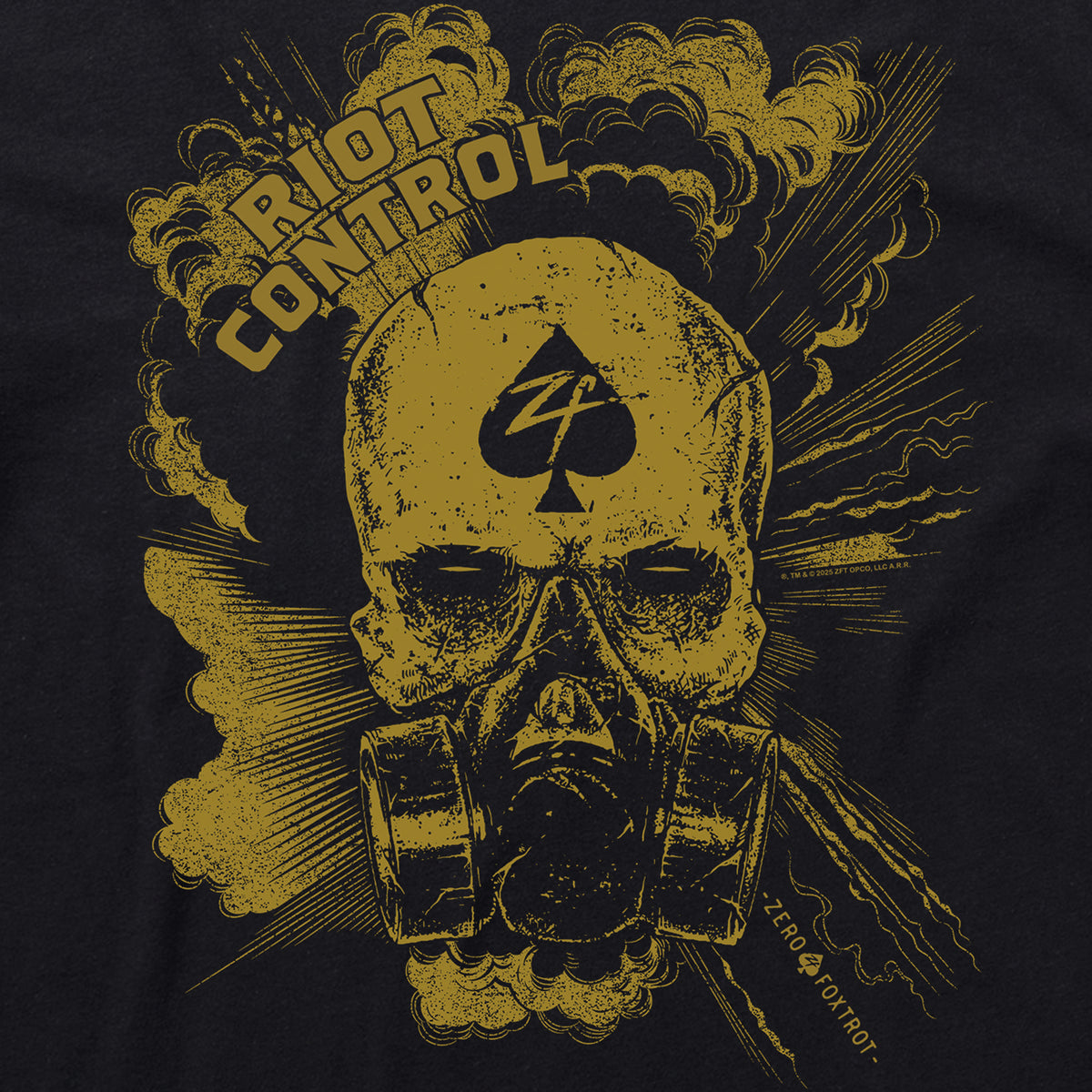 Riot Control Tee with a distressed yellow skull wearing a gas mask, an ace of spades symbol on its forehead, smoke effects, and Riot Control lettering