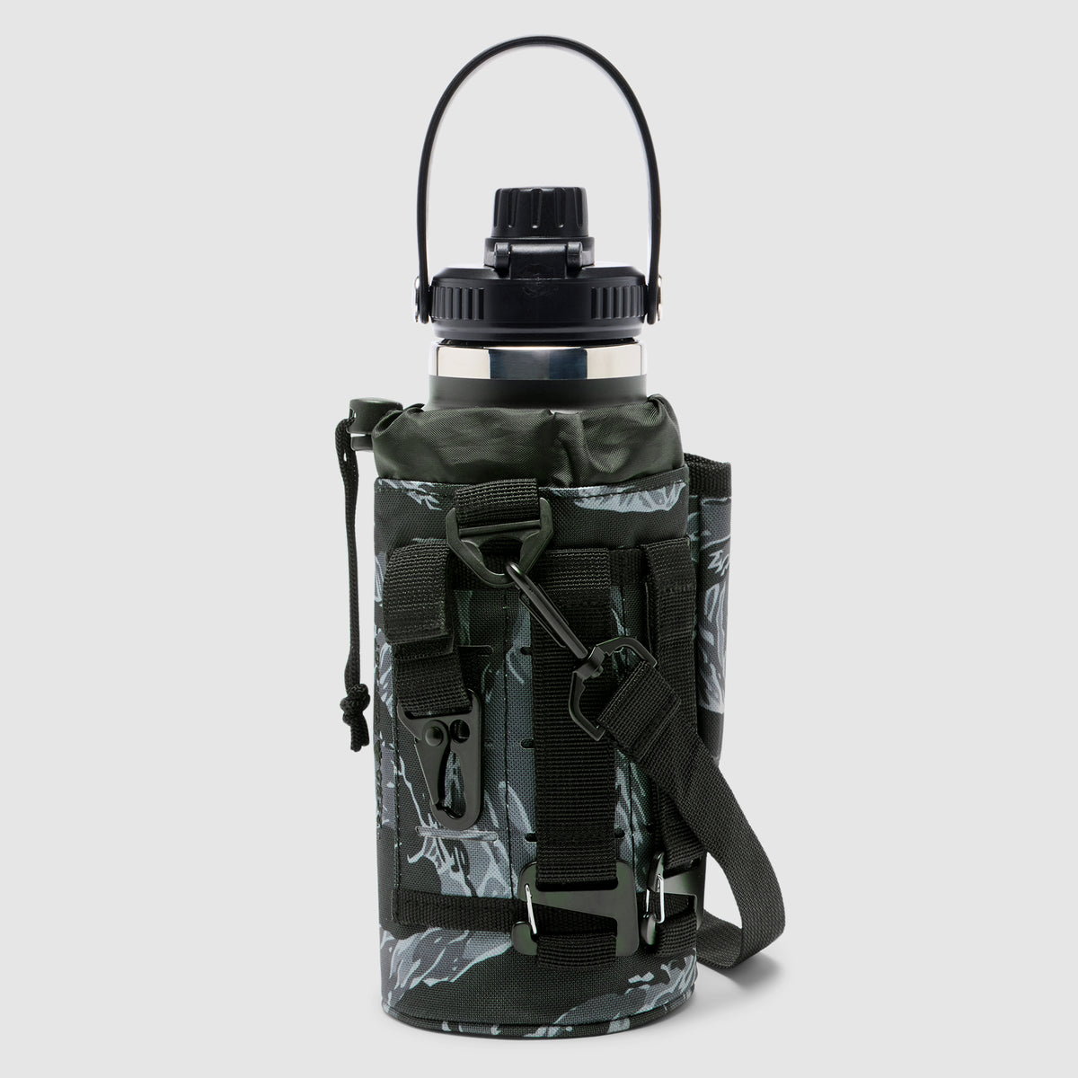 TAC Ruck Bottle - 32oz featuring a durable black and gray patterned carrying case with multiple straps and clips, designed for easy transport and secure grip.