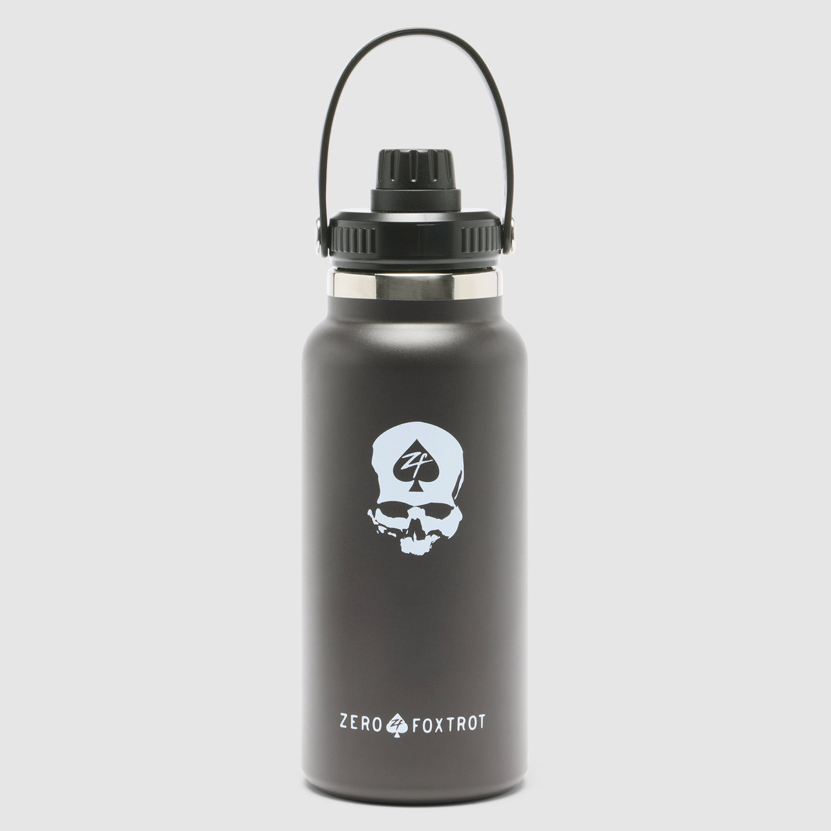 TAC Ruck Bottle - 32oz in matte black featuring a skull logo with 4-digit emblem, durable metal construction, and a secure screw-on lid with a carry handle.