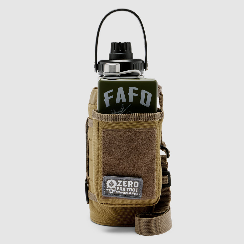 TAC Ruck Bottle - 32oz in olive green with a black cap, held in a coyote brown tactical pouch featuring loops, velcro, and a shoulder strap for easy carrying.