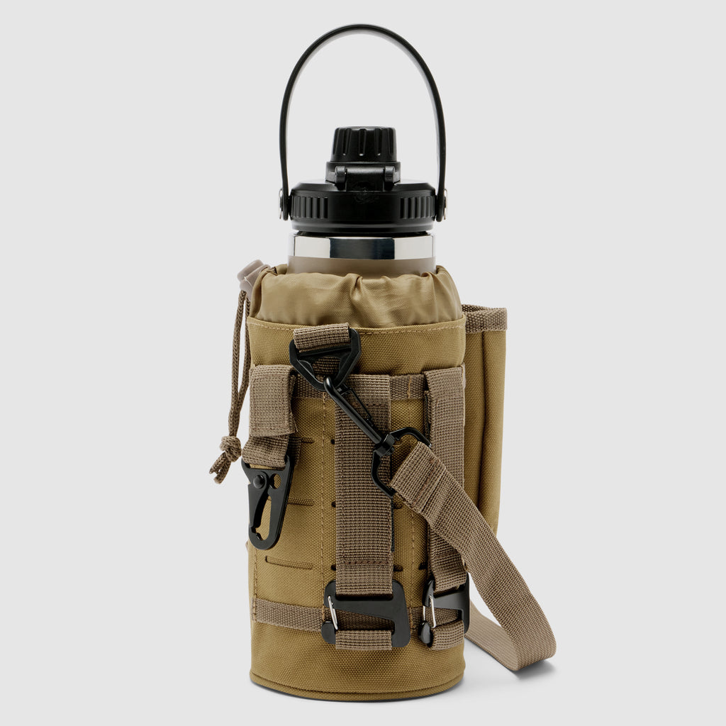TAC Ruck Bottle - 32oz in coyote brown with a durable fabric carrier featuring adjustable straps, a metal clip, and a drawstring closure for secure and portable hydration.