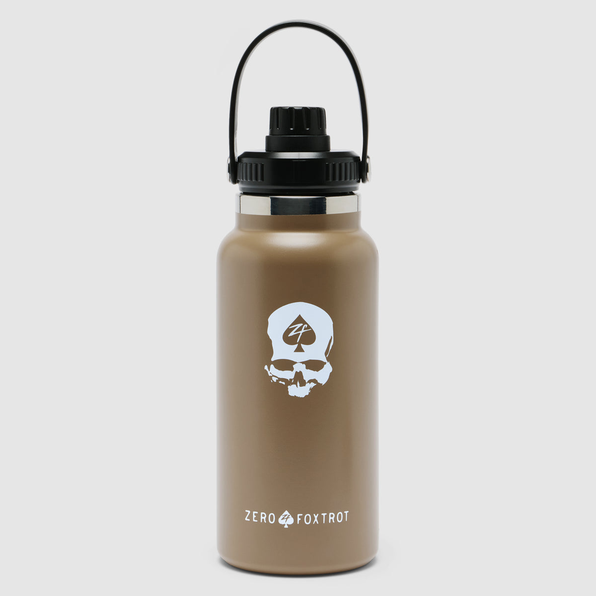 TAC Ruck Bottle - 32oz in coyote brown with a black screw-on lid and carrying handle, featuring a white skull logo and Zero Foxtrot branding on the front.