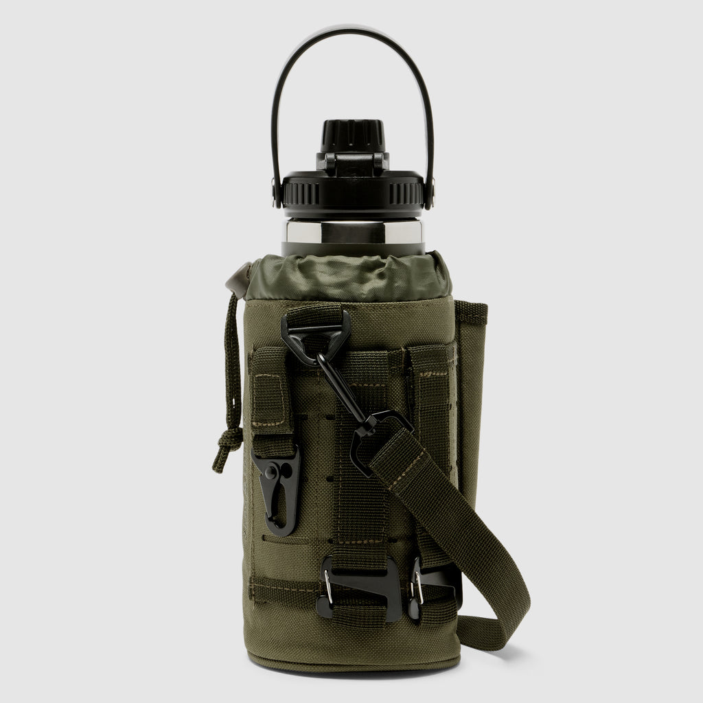 TAC Ruck Bottle - 32oz in dark olive with a rugged, tactical-style water bottle carrier featuring adjustable straps, durable fabric, and buckle closures for easy carrying.