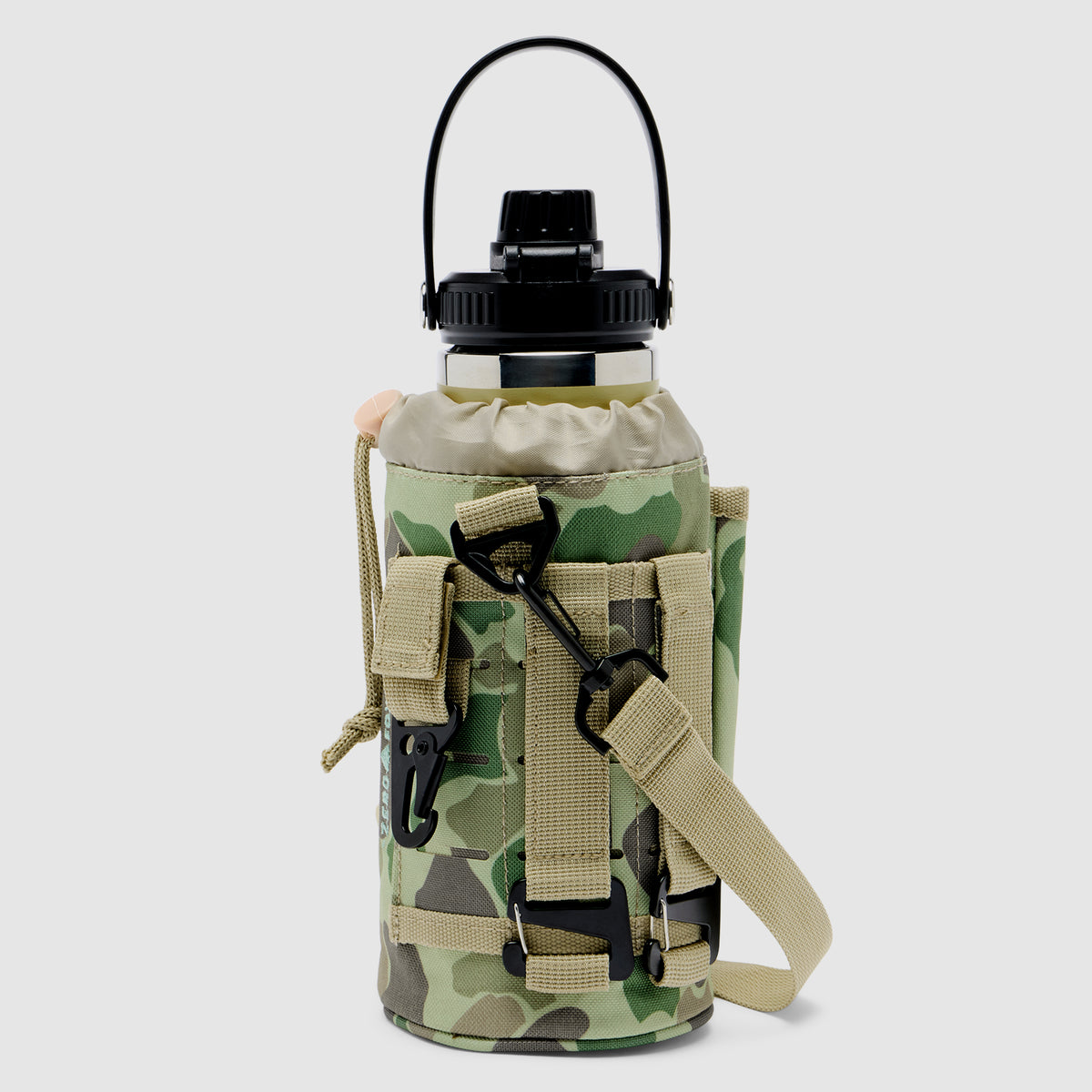 TAC Ruck Bottle - 32oz with camouflage fabric cover, adjustable shoulder strap, utility loops, and drawstring top closure designed for easy carrying and outdoor use.