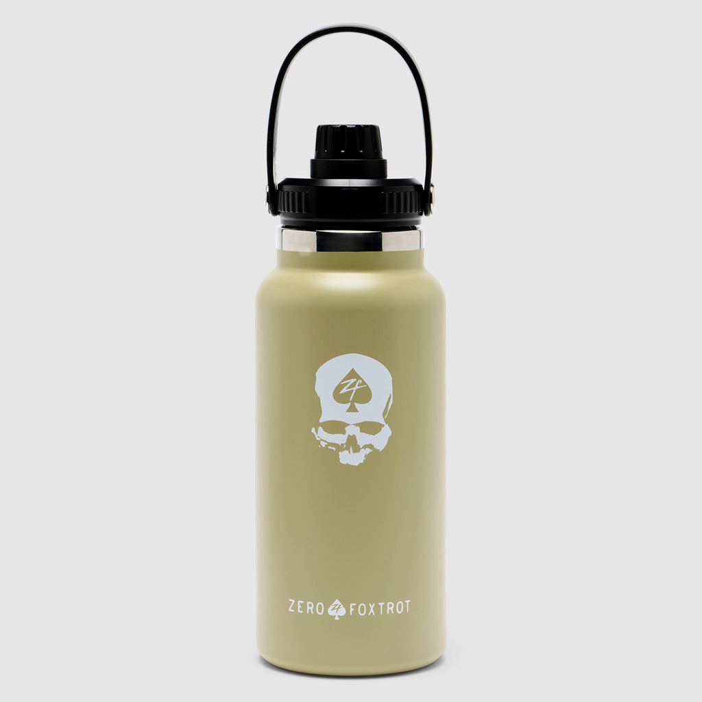 TAC Ruck Bottle - 32oz in a matte olive green finish featuring a durable black screw-on cap with handle and a white skull logo design on the front.