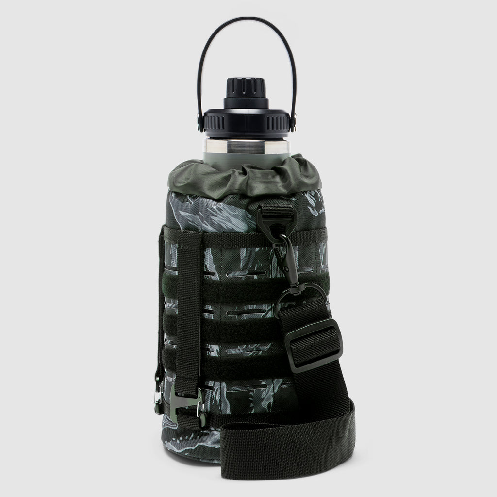 TAC Ruck Bottle - 64oz, black and gray tactical water bottle with carry handle, protective cover, adjustable straps, and wide shoulder strap.