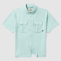 Light aqua short sleeve button-up shirt with two front chest pockets, showcasing the Short Sleeve F'n Soft Shirt made from soft fabric for casual wear.