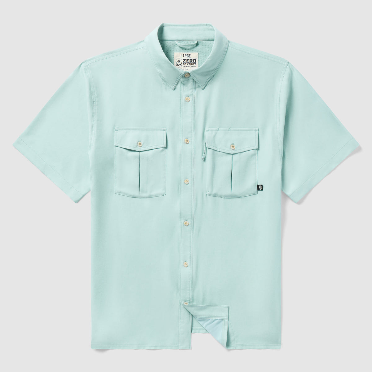 Light aqua short sleeve button-up shirt with two front chest pockets, showcasing the Short Sleeve F'n Soft Shirt made from soft fabric for casual wear.