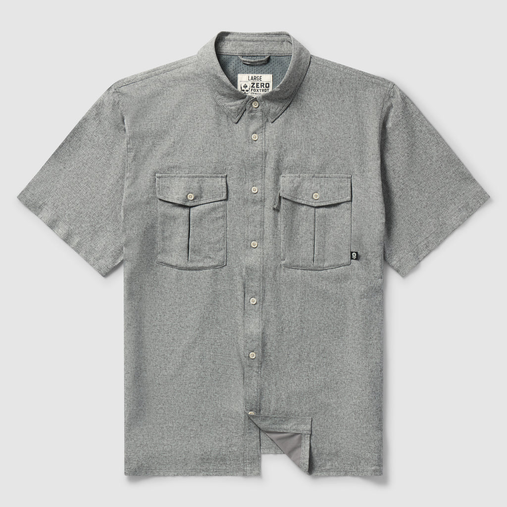 Short Sleeve F'n Soft Shirt in charcoal gray featuring a button-down front and two chest pockets with button flaps, designed for casual comfort and style.