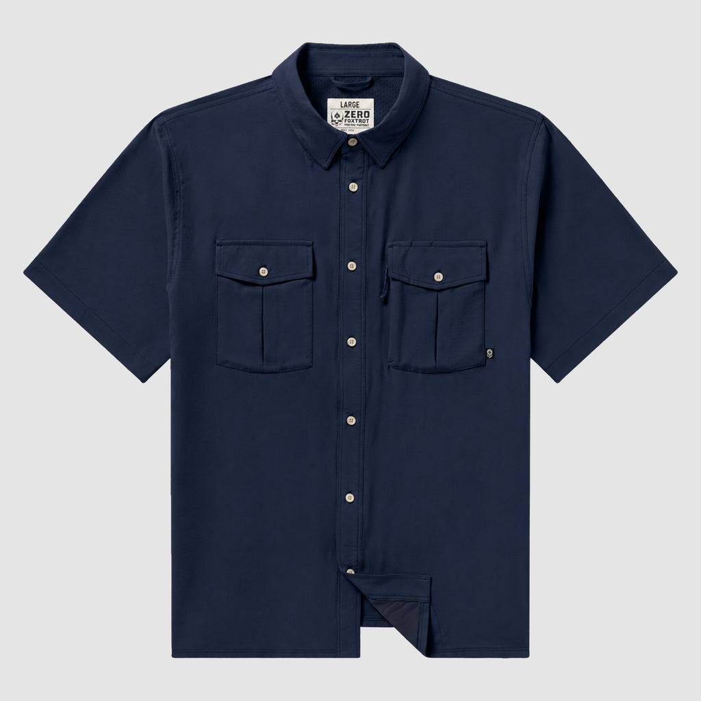 Short Sleeve F'n Soft Shirt in navy with a button-down collar, short sleeves, two chest flap pockets, and a front button closure.