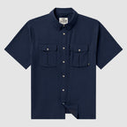 Short Sleeve F'n Soft Shirt in navy with a button-down collar, short sleeves, two chest flap pockets, and a front button closure.
