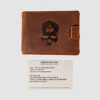 ZF Leather Wallet in brown full grain cowhide leather featuring an embossed skull with a spade logo, displayed above a product information and care instruction card.