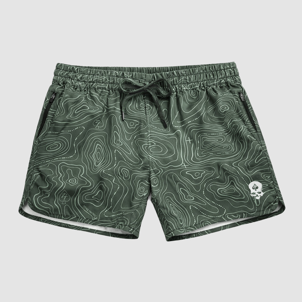 Zero Shorts - 5" Inseam in sage green with a subtle topographic contour pattern, featuring an elastic waistband with drawstring and zippered side pockets for secure storage.