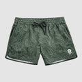 Zero Shorts - 5" Inseam in sage green with a subtle topographic contour pattern, featuring an elastic waistband with drawstring and zippered side pockets for secure storage.