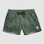 Zero Shorts - 5" Inseam in sage green with a subtle topographic contour pattern, featuring an elastic waistband with drawstring and zippered side pockets for secure storage.