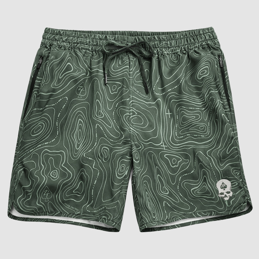 Zero Shorts - 9" Inseam in green with topographic map pattern, featuring an elastic waistband with drawstring and zippered side pockets.