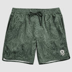 Zero Shorts - 9" Inseam in green with topographic map pattern, featuring an elastic waistband with drawstring and zippered side pockets.