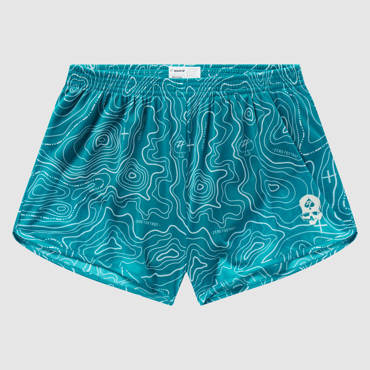 Bright aqua shorts featuring a smooth fabric with detailed white topographic map lines and subtle contour markings, labeled as Topographic Silkies.