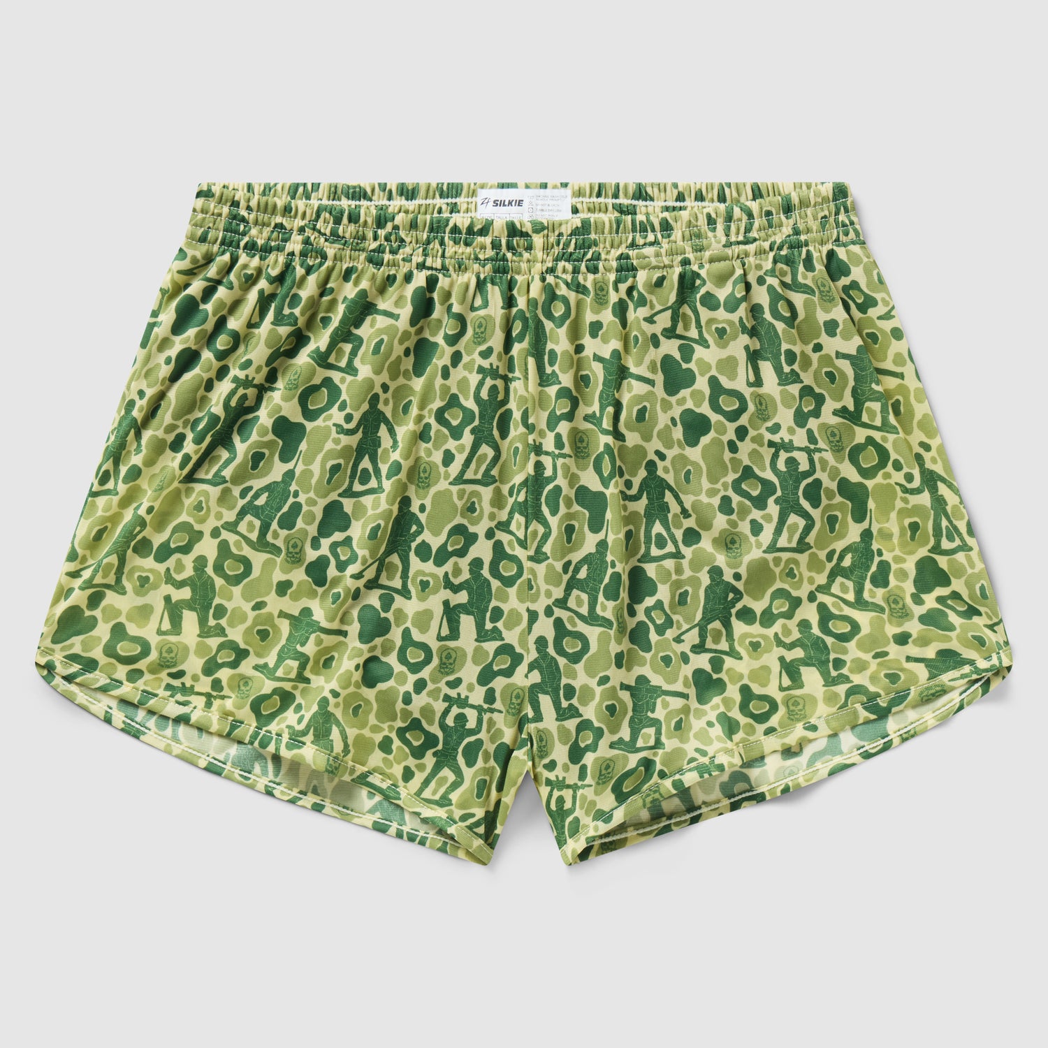 Green patterned boxer shorts with army men silhouettes design, featuring an elastic waistband, named Army Men Silkies.