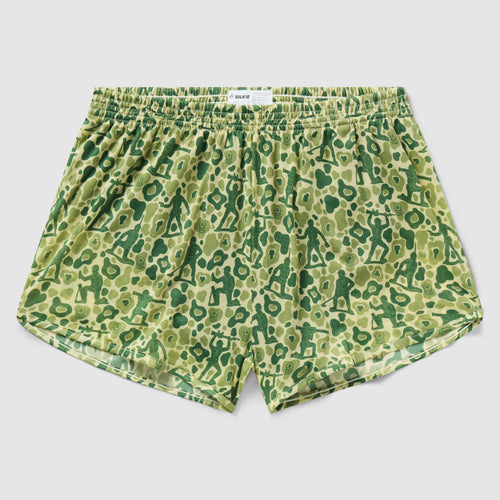 Green patterned boxer shorts with army men silhouettes design, featuring an elastic waistband, named Army Men Silkies.