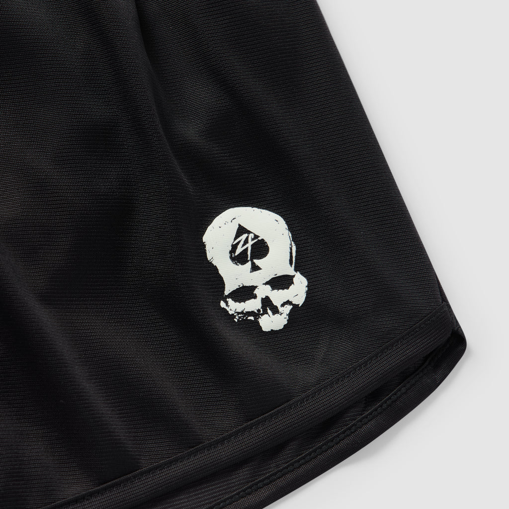 ZF Silkies - Solids black Silkies close up featuring a white skull logo and neatly stitched hem on smooth fabric.