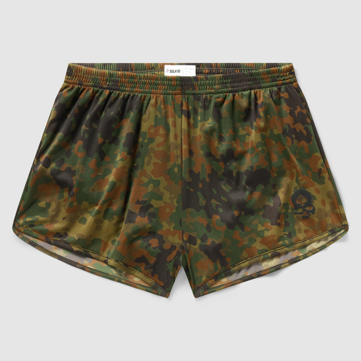 ZF Silkies - Camos featuring a camouflage pattern in green, brown, and black shades with an elastic waistband and subtle skull logo on the leg.