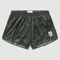 Topographic Silkies in dark green featuring a contour map pattern with a small white skull emblem on the front leg and an elastic waistband for comfort.
