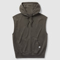 Smuggler French Terry Muscle Hoodie in dark gray with a sleeveless design, front kangaroo pocket, adjustable drawstring hood, and soft terry fabric for comfortable layering.