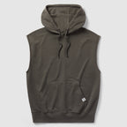 Smuggler French Terry Muscle Hoodie in dark gray with a sleeveless design, front kangaroo pocket, adjustable drawstring hood, and soft terry fabric for comfortable layering.