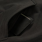 Smuggler Fleece Crew in black with a close up view of the textured fabric and zippered pocket detail with a card partially visible inside