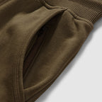 Smuggler Fleece Jogger in brown fleece with a close up view of the zippered side pocket and ribbed waistband