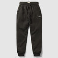 Smuggler Fleece Jogger in black with elastic waistband, drawstring, side pockets, tapered legs, ribbed cuffs, and a small logo detail on the thigh