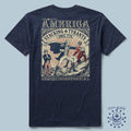 Back view of a navy blue Stacking Tyrants Tee featuring a vintage-style graphic with patriotic imagery and text celebrating America since 1776.