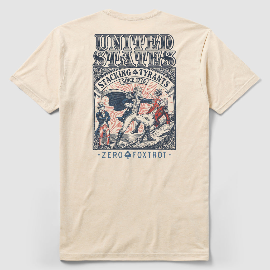 Stacking Tyrants Tee - Cream, cream graphic T-shirt featuring a vintage United States illustration with soldiers, Stacking Tyrants lettering, and Zero Foxtrot text