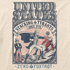 Stacking Tyrants Tee - Cream featuring a vintage United States graphic with patriotic figures battling tyrants, ornate lettering, and Zero Foxtrot text on a cream shirt