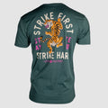Back view of a dark green Strike Hard Tee featuring a colorful tiger graphic with text that reads "Strike First, Stay Hard, Strike Hard" in bold letters.