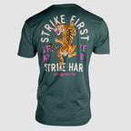 Back view of a dark green Strike Hard Tee featuring a colorful tiger graphic with text that reads "Strike First, Stay Hard, Strike Hard" in bold letters.